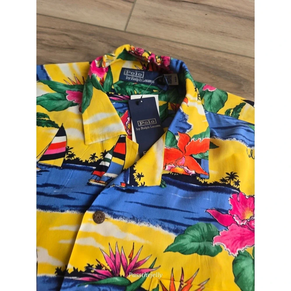 Polo Ralph Lauren Hawaiian Shirt Mens LT Tropical Floral Aloha Beach 67 Camp